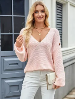Sale Women's Sweater Elegant Fashion Daily Solid Color V Neck Knitted Textured Long Sleeve Regular Tops Knit Work Pink Red Fall Winter Women Pullovers & Tops