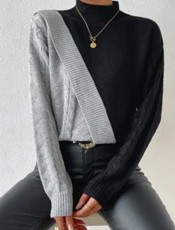 Outlet Women's Sweater Elegant Fashion Daily Color Block Mock Neck Knitted Long Sleeve Regular Tops Knit Work Fall Winter Women Pullovers & Tops