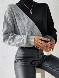 Outlet Women's Sweater Elegant Fashion Daily Color Block Mock Neck Knitted Long Sleeve Regular Tops Knit Work Fall Winter Women Pullovers & Tops