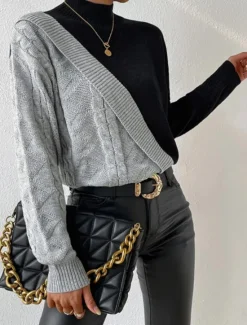 Outlet Women's Sweater Elegant Fashion Daily Color Block Mock Neck Knitted Long Sleeve Regular Tops Knit Work Fall Winter Women Pullovers & Tops