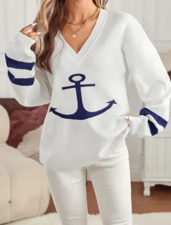 Discount Women's Sweater Elegant Fashion Streetwear Graphic V Neck Knitted Long Sleeve Long Tops Knit Daily Weekend Fall Winter Women Pullovers & Tops