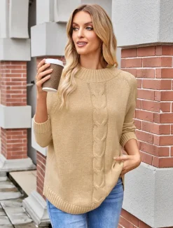 Clearance Women's Sweater Elegant Fashion Streetwear Solid Color Cable Crew Neck Knitted Long Sleeve Long Tops Knit Formal Party Pink Khaki Fall Winter Women Pullovers & Tops