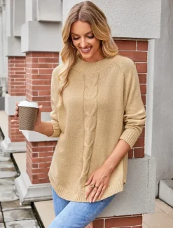 Clearance Women's Sweater Elegant Fashion Streetwear Solid Color Cable Crew Neck Knitted Long Sleeve Long Tops Knit Formal Party Pink Khaki Fall Winter Women Pullovers & Tops