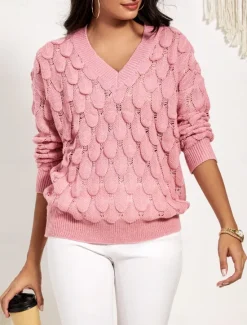 New Women's Sweater Elegant Fashion Daily Floral V Neck Hollow Out Long Sleeve Regular Tops Knit Work Pink Red Fall Winter Women Pullovers & Tops