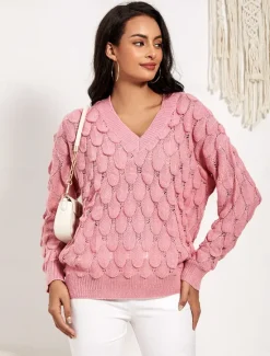 New Women's Sweater Elegant Fashion Daily Floral V Neck Hollow Out Long Sleeve Regular Tops Knit Work Pink Red Fall Winter Women Pullovers & Tops
