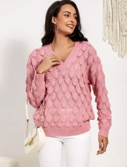 New Women's Sweater Elegant Fashion Daily Floral V Neck Hollow Out Long Sleeve Regular Tops Knit Work Pink Red Fall Winter Women Pullovers & Tops