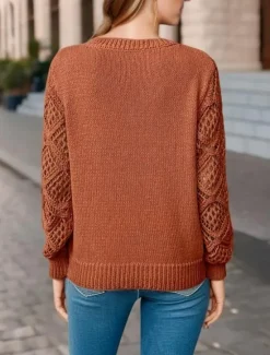 Sale Women's Sweater Elegant Solid Color Crochet V Neck Knitted Long Sleeve Regular Tops Knit Daily Blue Fuchsia Spring Fall Women Pullovers & Tops
