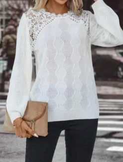 Best Women's Sweater Elegant Solid Color Waffle Crew Neck Lace Long Sleeve Regular Tops Knit Daily Spring Fall Women Pullovers & Tops