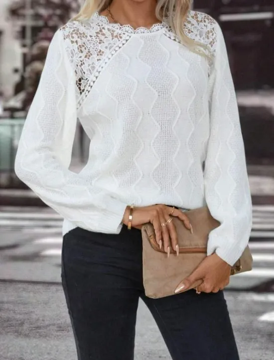 Best Women's Sweater Elegant Solid Color Waffle Crew Neck Lace Long Sleeve Regular Tops Knit Daily Spring Fall Women Pullovers & Tops