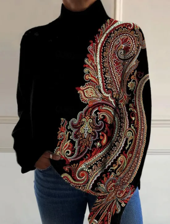 Best Women's Sweater Elegant Vacation Vintage Floral Graphic Geometric Turtleneck Print Long Sleeve Regular Tops Knit Daily Holiday Going out Black Pink Fall Women Pullovers & Tops