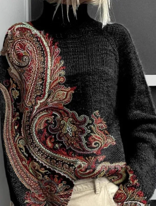 Best Women's Sweater Elegant Vacation Vintage Floral Graphic Geometric Turtleneck Print Long Sleeve Regular Tops Knit Daily Holiday Going out Black Pink Fall Women Pullovers & Tops