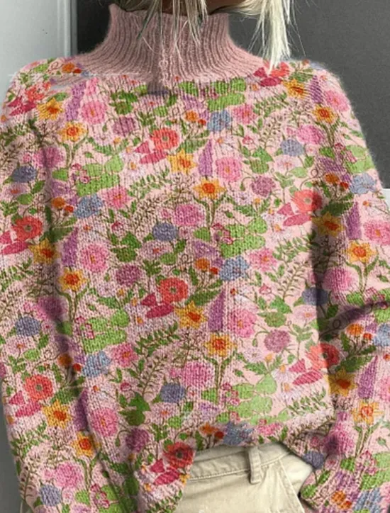 Best Women's Sweater Elegant Vacation Vintage Floral Graphic Geometric Turtleneck Print Long Sleeve Regular Tops Knit Daily Holiday Going out Black Pink Fall Women Pullovers & Tops