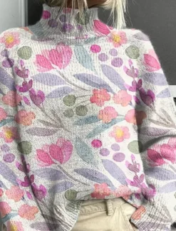 Best Women's Sweater Elegant Vacation Vintage Floral Graphic Geometric Turtleneck Print Long Sleeve Regular Tops Knit Daily Holiday Going out Black Pink Fall Women Pullovers & Tops