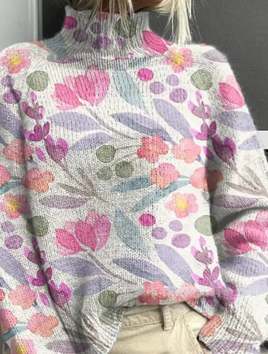 Best Women's Sweater Elegant Vacation Vintage Floral Graphic Geometric Turtleneck Print Long Sleeve Regular Tops Knit Daily Holiday Going out Black Pink Fall Women Pullovers & Tops