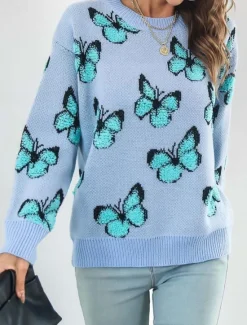 New Women's Sweater Fashion Cute Streetwear Graphic Print Crew Neck Knitted Long Sleeve Regular Tops Knit Work Weekend Blue Orange Fall Winter Women Pullovers & Tops