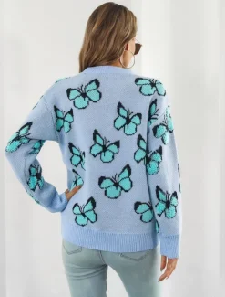 New Women's Sweater Fashion Cute Streetwear Graphic Print Crew Neck Knitted Long Sleeve Regular Tops Knit Work Weekend Blue Orange Fall Winter Women Pullovers & Tops