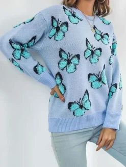 New Women's Sweater Fashion Cute Streetwear Graphic Print Crew Neck Knitted Long Sleeve Regular Tops Knit Work Weekend Blue Orange Fall Winter Women Pullovers & Tops