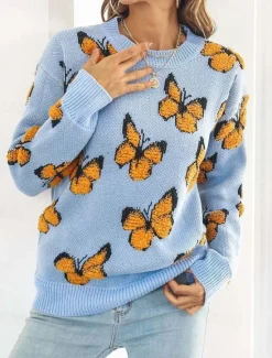 New Women's Sweater Fashion Cute Streetwear Graphic Print Crew Neck Knitted Long Sleeve Regular Tops Knit Work Weekend Blue Orange Fall Winter Women Pullovers & Tops