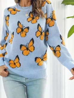 New Women's Sweater Fashion Cute Streetwear Graphic Print Crew Neck Knitted Long Sleeve Regular Tops Knit Work Weekend Blue Orange Fall Winter Women Pullovers & Tops
