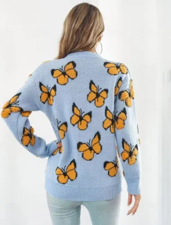 New Women's Sweater Fashion Cute Streetwear Graphic Print Crew Neck Knitted Long Sleeve Regular Tops Knit Work Weekend Blue Orange Fall Winter Women Pullovers & Tops