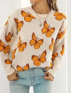 New Women's Sweater Fashion Cute Streetwear Graphic Print Crew Neck Knitted Long Sleeve Regular Tops Knit Work Weekend Blue Orange Fall Winter Women Pullovers & Tops