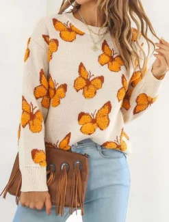 New Women's Sweater Fashion Cute Streetwear Graphic Print Crew Neck Knitted Long Sleeve Regular Tops Knit Work Weekend Blue Orange Fall Winter Women Pullovers & Tops