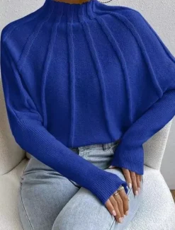 Hot Women's Sweater Fashion Daily Solid Color Mock Neck Knitted Textured Batwing Sleeve Long Sleeve Regular Tops Knit Home Work Daily Black White Fall Winter Women Pullovers & Tops