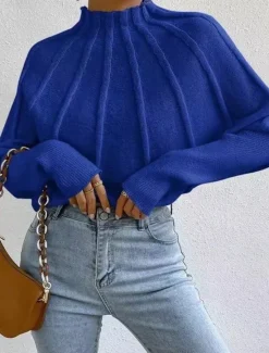Hot Women's Sweater Fashion Daily Solid Color Mock Neck Knitted Textured Batwing Sleeve Long Sleeve Regular Tops Knit Home Work Daily Black White Fall Winter Women Pullovers & Tops
