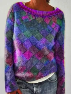 New Women's Sweater Fashion Streetwear Casual Geometric Crew Neck Knitted Long Sleeve Regular Tops Knit Outdoor Red Purple Fall Winter Women Pullovers & Tops