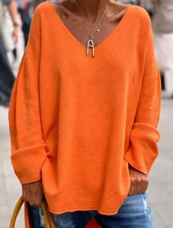 New Women's Sweater Fashion Streetwear Daily Solid Color V Neck Knitted Long Sleeve Long Tops Knit Outdoor Going out Fall Winter Women Pullovers & Tops