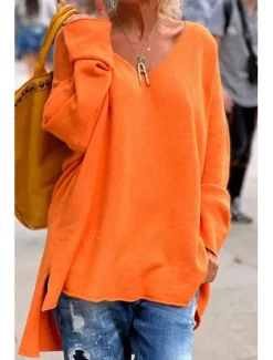 New Women's Sweater Fashion Streetwear Daily Solid Color V Neck Knitted Long Sleeve Long Tops Knit Outdoor Going out Fall Winter Women Pullovers & Tops