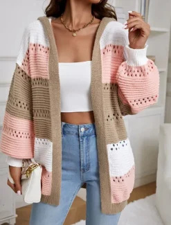 New Women's Sweater Jacket Casual Sweater Casual Soft Color Block Crew Neck Hooded Lantern Sleeve Long Sleeve Regular Tops Knit Outdoor Daily Weekend Fall Winter Women Cardigans & Outerwears