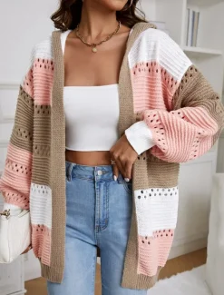 New Women's Sweater Jacket Casual Sweater Casual Soft Color Block Crew Neck Hooded Lantern Sleeve Long Sleeve Regular Tops Knit Outdoor Daily Weekend Fall Winter Women Cardigans & Outerwears