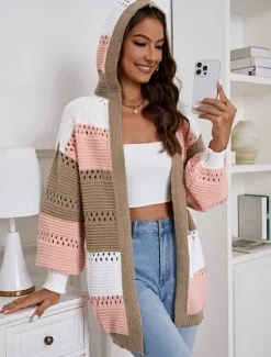 New Women's Sweater Jacket Casual Sweater Casual Soft Color Block Crew Neck Hooded Lantern Sleeve Long Sleeve Regular Tops Knit Outdoor Daily Weekend Fall Winter Women Cardigans & Outerwears