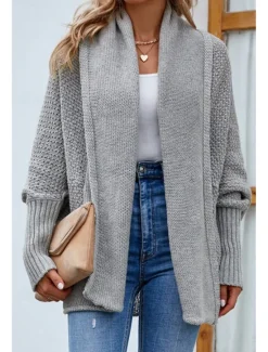 Discount Women's Sweater Jacket Casual Soft Pure Color Shirt Collar Patchwork Long Sleeve Regular Tops Knit Outdoor Daily Weekend Fall Winter Women Hoodies & Sweatshirts