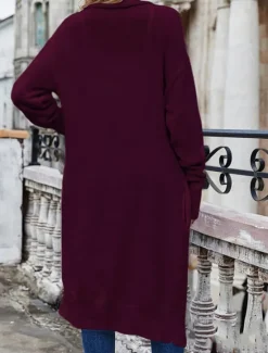 Best Women's Sweater Jacket Stylish Solid Color Open Front Pocket Batwing Sleeve Long Sleeve Long Tops Knit Work Black Wine Fall Winter Women Cardigans & Outerwears