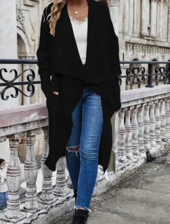 Best Women's Sweater Jacket Stylish Solid Color Open Front Pocket Batwing Sleeve Long Sleeve Long Tops Knit Work Black Wine Fall Winter Women Cardigans & Outerwears