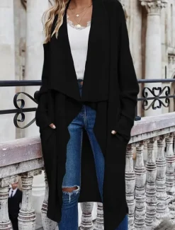 Best Women's Sweater Jacket Stylish Solid Color Open Front Pocket Batwing Sleeve Long Sleeve Long Tops Knit Work Black Wine Fall Winter Women Cardigans & Outerwears