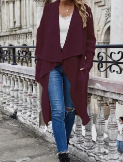 Best Women's Sweater Jacket Stylish Solid Color Open Front Pocket Batwing Sleeve Long Sleeve Long Tops Knit Work Black Wine Fall Winter Women Cardigans & Outerwears