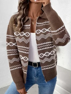 Online Women's Sweater Jacket Vintage Streetwear Casual Geometric Open Front Knitted Long Sleeve Regular Tops Knit Outdoor Weekend Fall Winter Women Cardigans & Outerwears