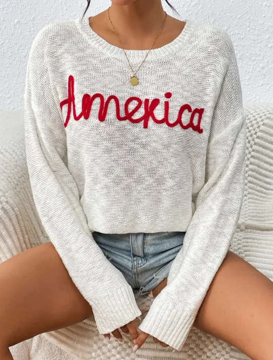 Clearance Women's Sweater Pullover Sweater Jumper Crew Neck Ribbed Knit Knitted Fall Winter Outdoor Daily Weekend Casual Soft Long Sleeve Letter White Red Women Pullovers & Tops