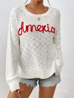 Clearance Women's Sweater Pullover Sweater Jumper Crew Neck Ribbed Knit Knitted Fall Winter Outdoor Daily Weekend Casual Soft Long Sleeve Letter White Red Women Pullovers & Tops