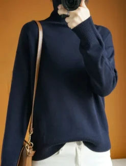 Best Women's Sweater Pullover Sweater Jumper Casual Soft Pure Color Ribbed Turtleneck Knitted Long Sleeve Regular Tops Knit Outdoor Daily Weekend Navy Blue Orange Fall Winter Women Pullovers & Tops