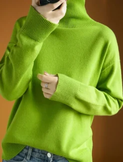 Best Women's Sweater Pullover Sweater Jumper Casual Soft Pure Color Ribbed Turtleneck Knitted Long Sleeve Regular Tops Knit Outdoor Daily Weekend Navy Blue Orange Fall Winter Women Pullovers & Tops