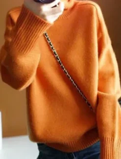Best Women's Sweater Pullover Sweater Jumper Casual Soft Pure Color Ribbed Turtleneck Knitted Long Sleeve Regular Tops Knit Outdoor Daily Weekend Navy Blue Orange Fall Winter Women Pullovers & Tops