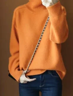 Best Women's Sweater Pullover Sweater Jumper Casual Soft Pure Color Ribbed Turtleneck Knitted Long Sleeve Regular Tops Knit Outdoor Daily Weekend Navy Blue Orange Fall Winter Women Pullovers & Tops