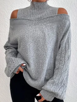 Sale Women's Sweater Pullover Sweater Jumper Casual Soft Pure Color Ribbed Turtleneck Knitted Cold Shoulder Long Sleeve Regular Tops Knit Outdoor Daily Weekend Black Blue Fall Winter Women Pullovers & Tops