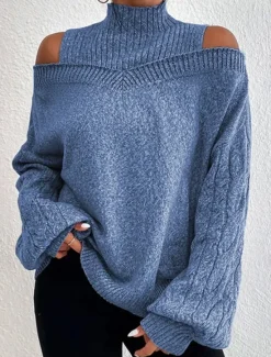 Sale Women's Sweater Pullover Sweater Jumper Casual Soft Pure Color Ribbed Turtleneck Knitted Cold Shoulder Long Sleeve Regular Tops Knit Outdoor Daily Weekend Black Blue Fall Winter Women Pullovers & Tops