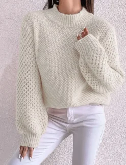 Clearance Women's Sweater Pullover Sweater Jumper Casual Soft Pure Color Ribbed Crew Neck Knitted Long Sleeve Regular Tops Knit Outdoor Daily Weekend White Pink Fall Winter Women Pullovers & Tops