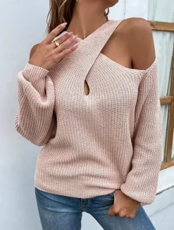 Outlet Women's Sweater Pullover Sweater Jumper Casual Soft Pure Color Ribbed V Neck Knitted Long Sleeve Regular Tops Knit Outdoor Daily Weekend Pink Khaki Fall Winter Women Pullovers & Tops